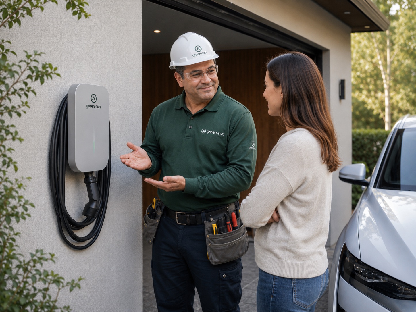 Tecnico GreenSun explicando instalacion de cargador EV