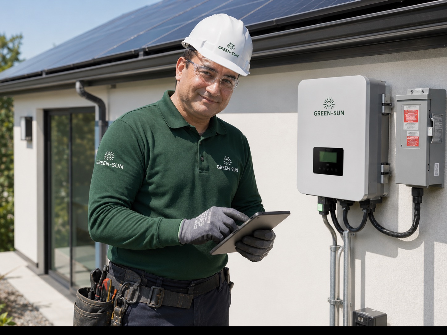 Tecnico GreenSun validando inversor y sistema solar