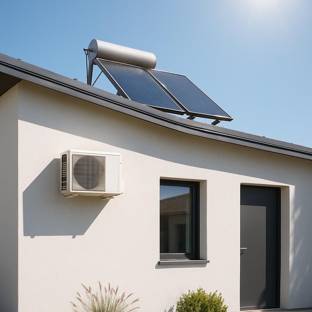 Modern house with mini-split and solar boiler on the roof