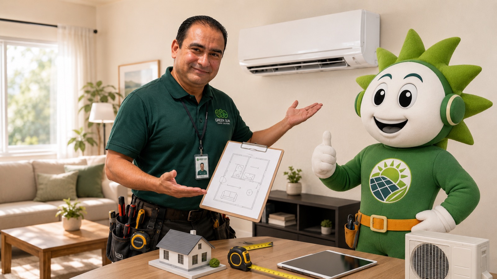 Asesor GreenSun explicando plano de instalacion de minisplit para casa