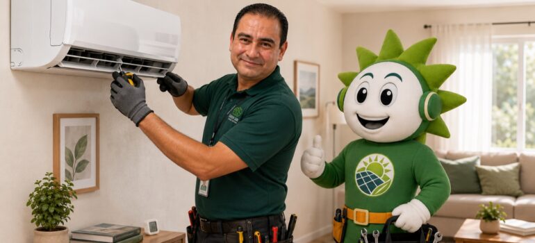 Tecnico GreenSun instalando minisplit con mascota de energia limpia en sala residencial