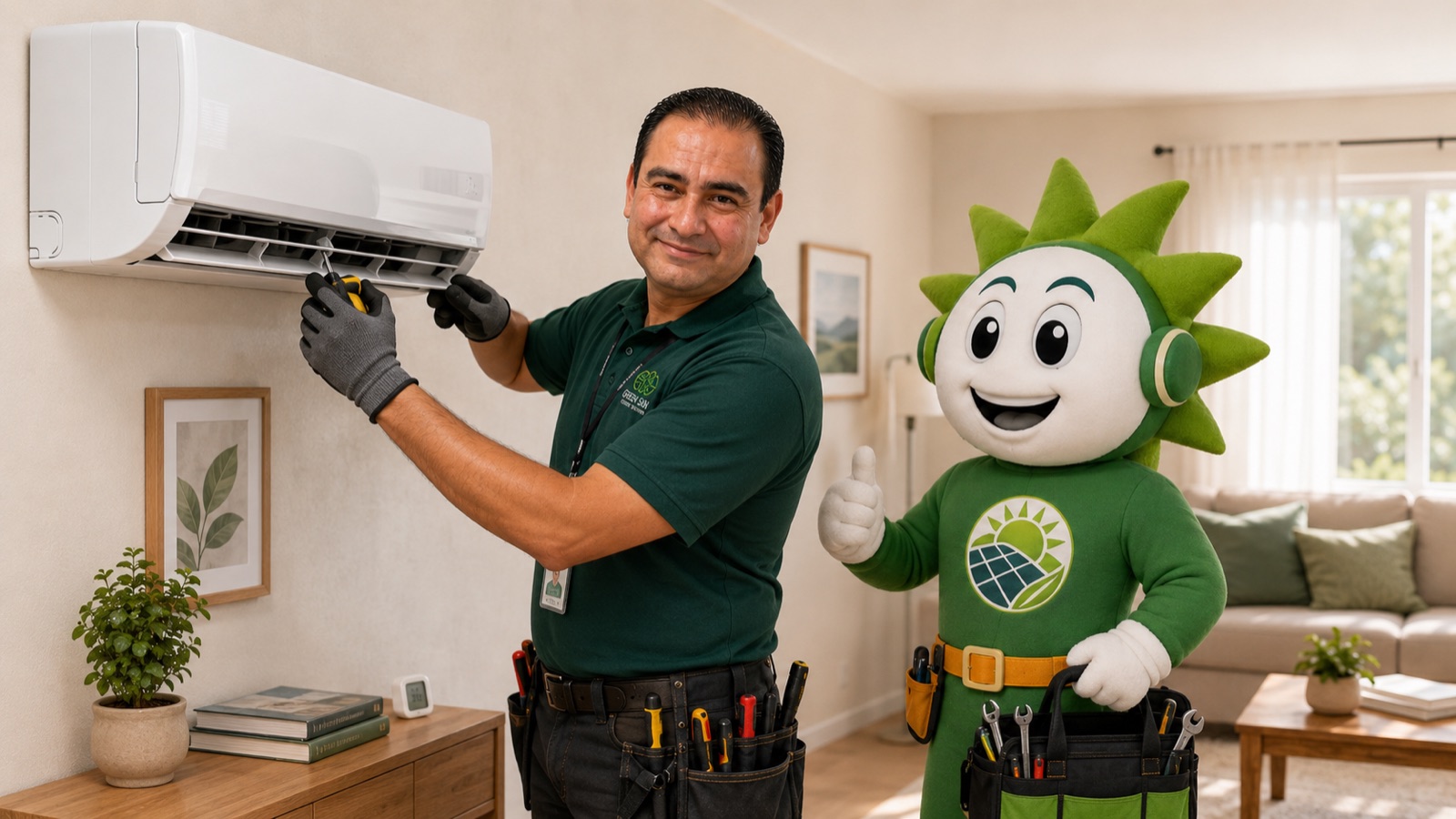 Tecnico GreenSun instalando minisplit con mascota de energia limpia en sala residencial