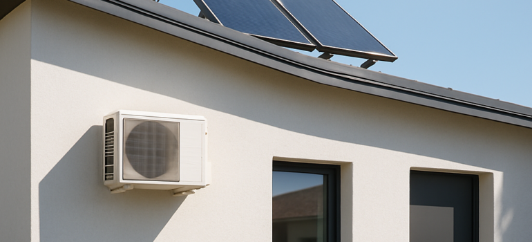 Modern house with mini-split and solar boiler on the roof